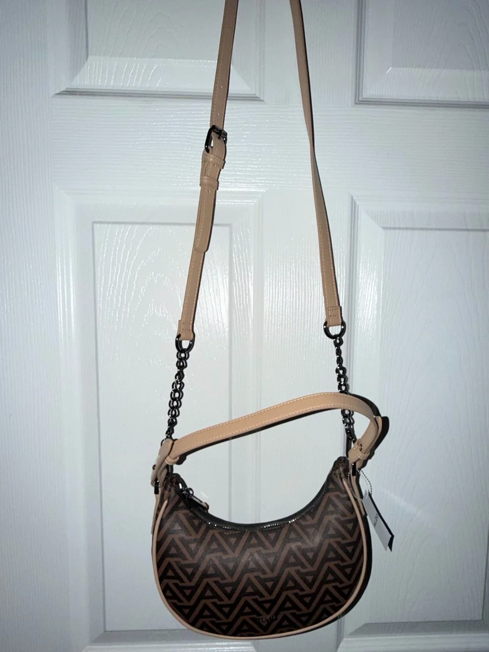 Aldo Brown and Beige Geometric Crescent Shoulder Bag